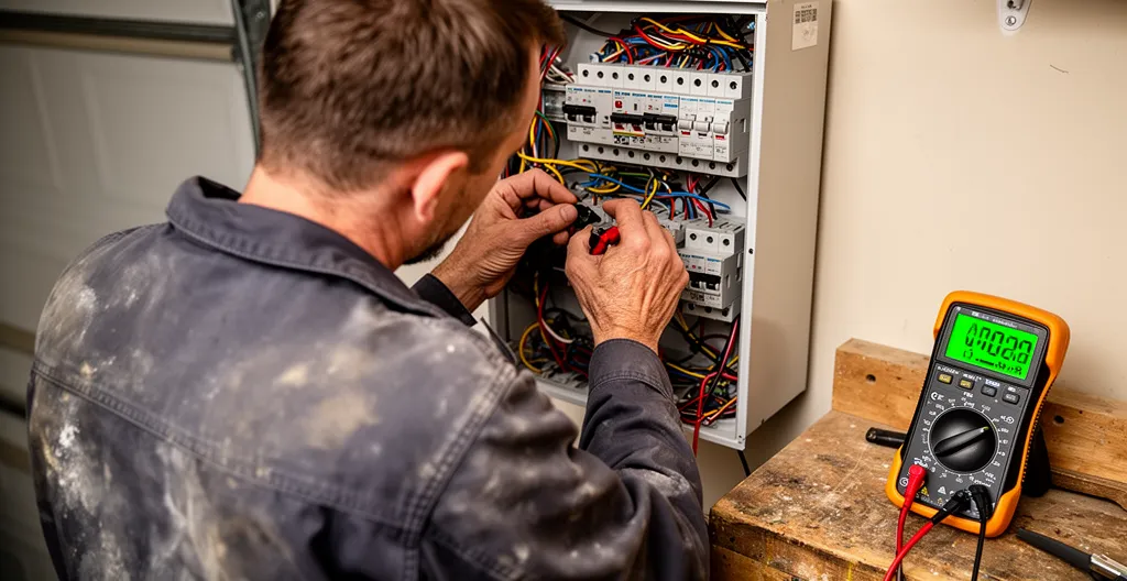 Professionnel inspectant un tableau électrique ouvert dans un garage