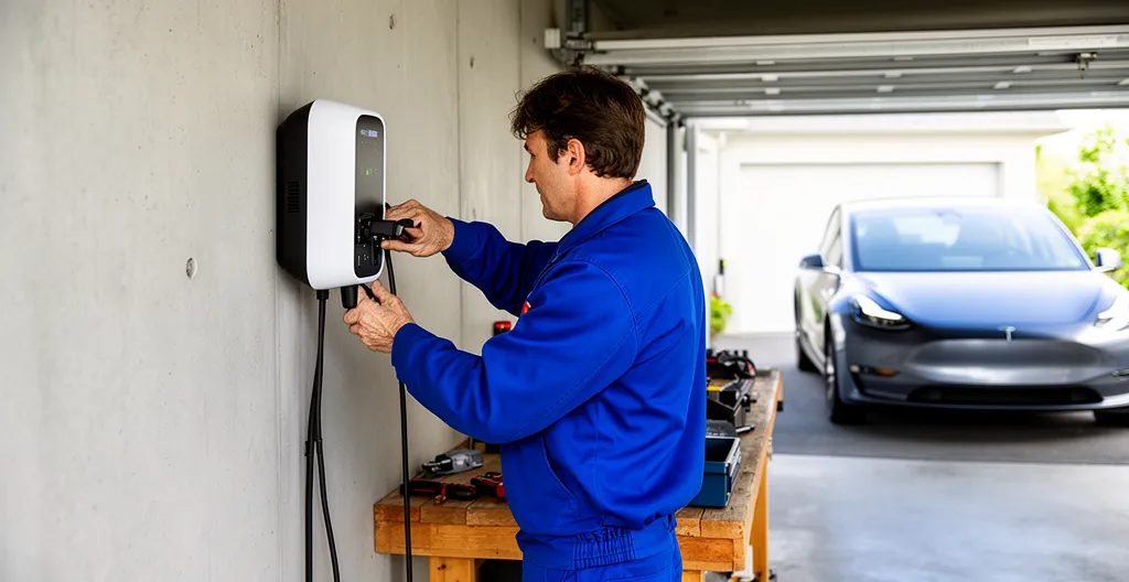 Technicien installant une borne de recharge blanche sur mur de garage résidentiel