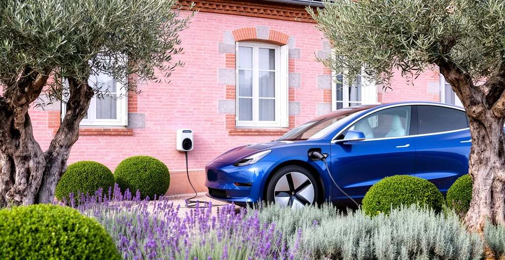 Voiture électrique branchée à une borne murale devant maison en brique rose