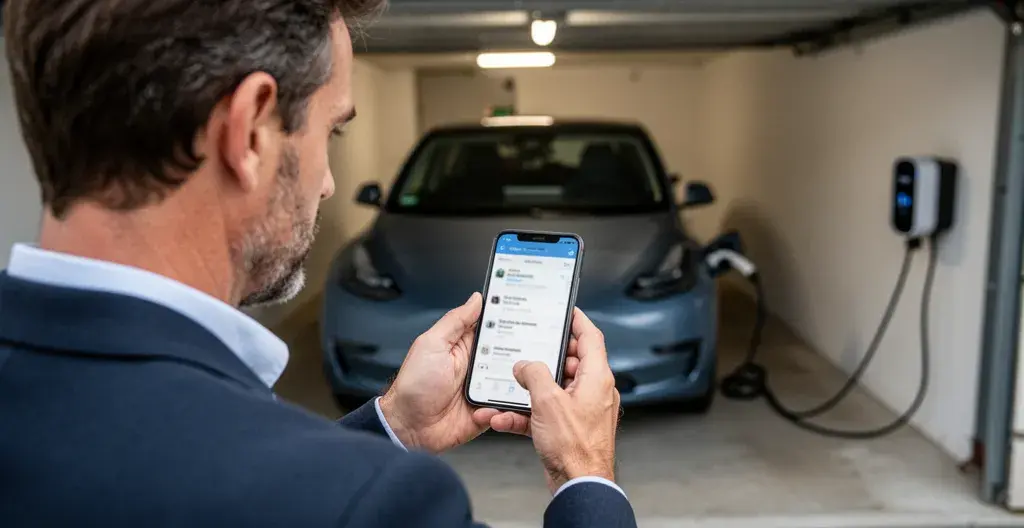 Propriétaire consultant l'application de suivi de charge sur smartphone