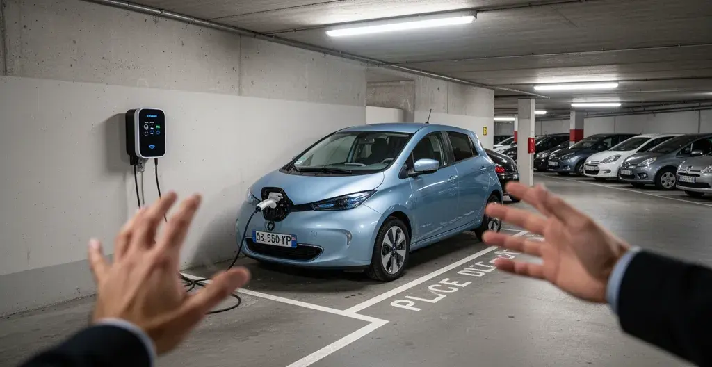 Borne de recharge installée dans un parking de copropriété