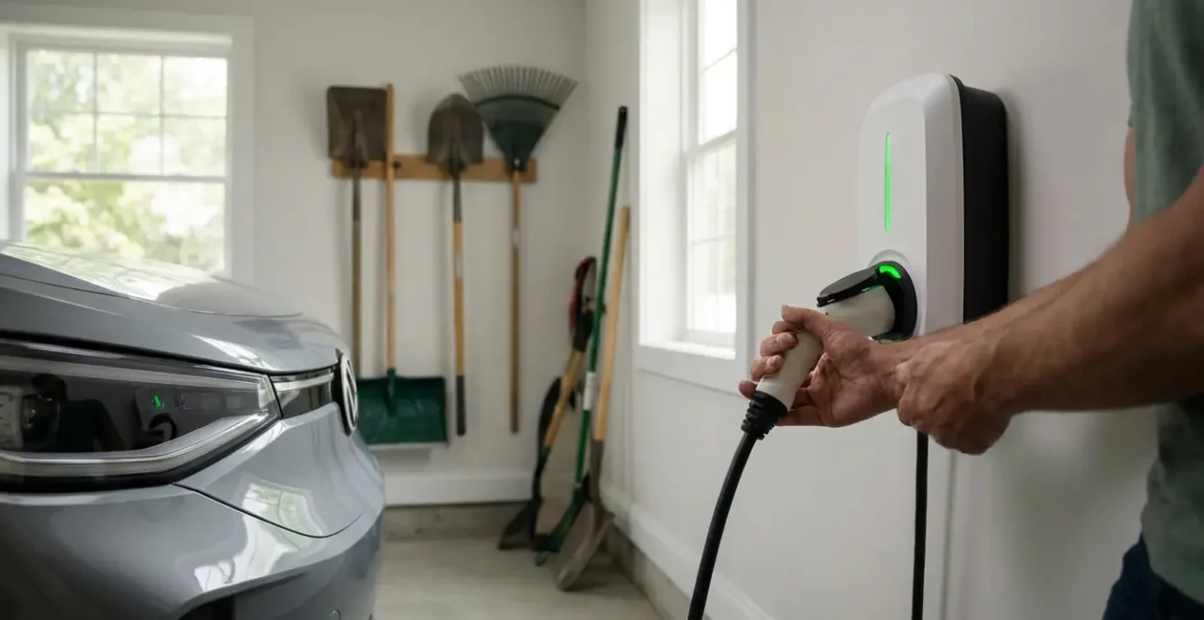 Véhicule électrique branché à une borne de recharge dans un garage résidentiel