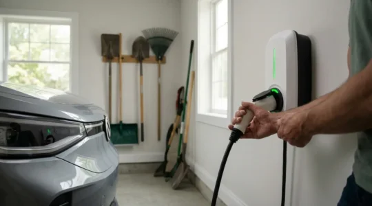 Véhicule électrique branché à une borne de recharge dans un garage résidentiel