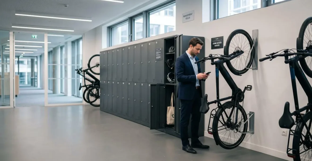 Local vélo d'entreprise moderne avec vélos électriques de fonction suspendus au mur sur supports design, casiers métalliques et équipements rangés, professionnel consultant son smartphone