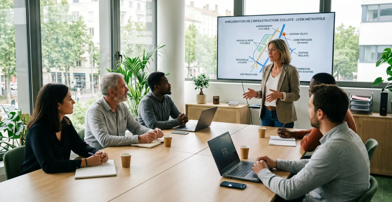 Réunion de présentation de la politique de mobilité en entreprise, groupe de salariés autour d'une table écoutant une responsable RH, écran affichant un schéma d'infrastructure vélo, lumière naturelle