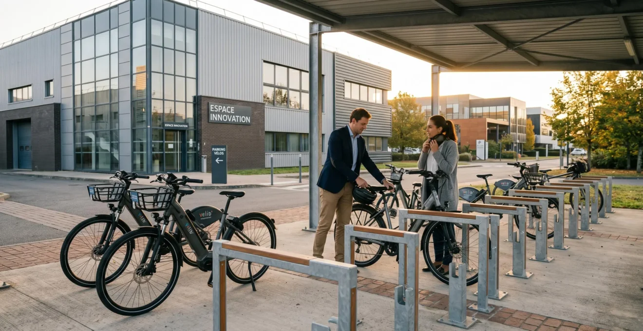 Station de vélopartage d'entreprise avec vélos électriques garés dans des supports métalliques sécurisés devant un bâtiment industriel contemporain, deux salariés récupérant leur vélo sous lumière matinale